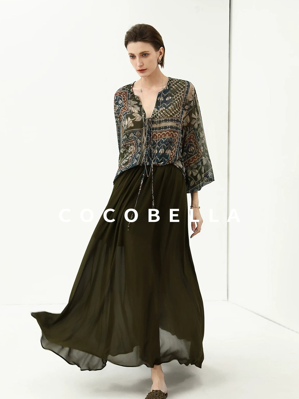 COCOBELLA Elegant French Print Straight Fit Long Puff Sleeve Round Neck Women Pop T-Shirts