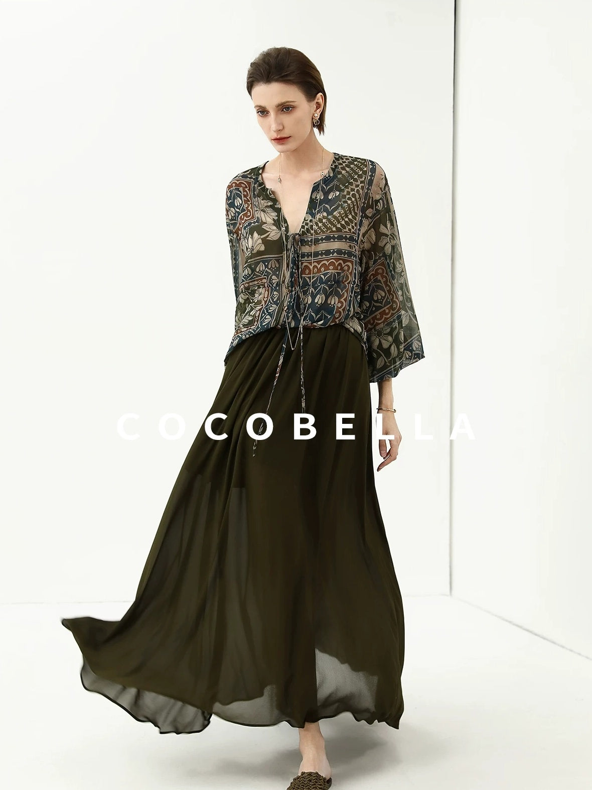 COCOBELLA Elegant French Print Straight Fit Long Puff Sleeve Round Neck Women Pop T-Shirts