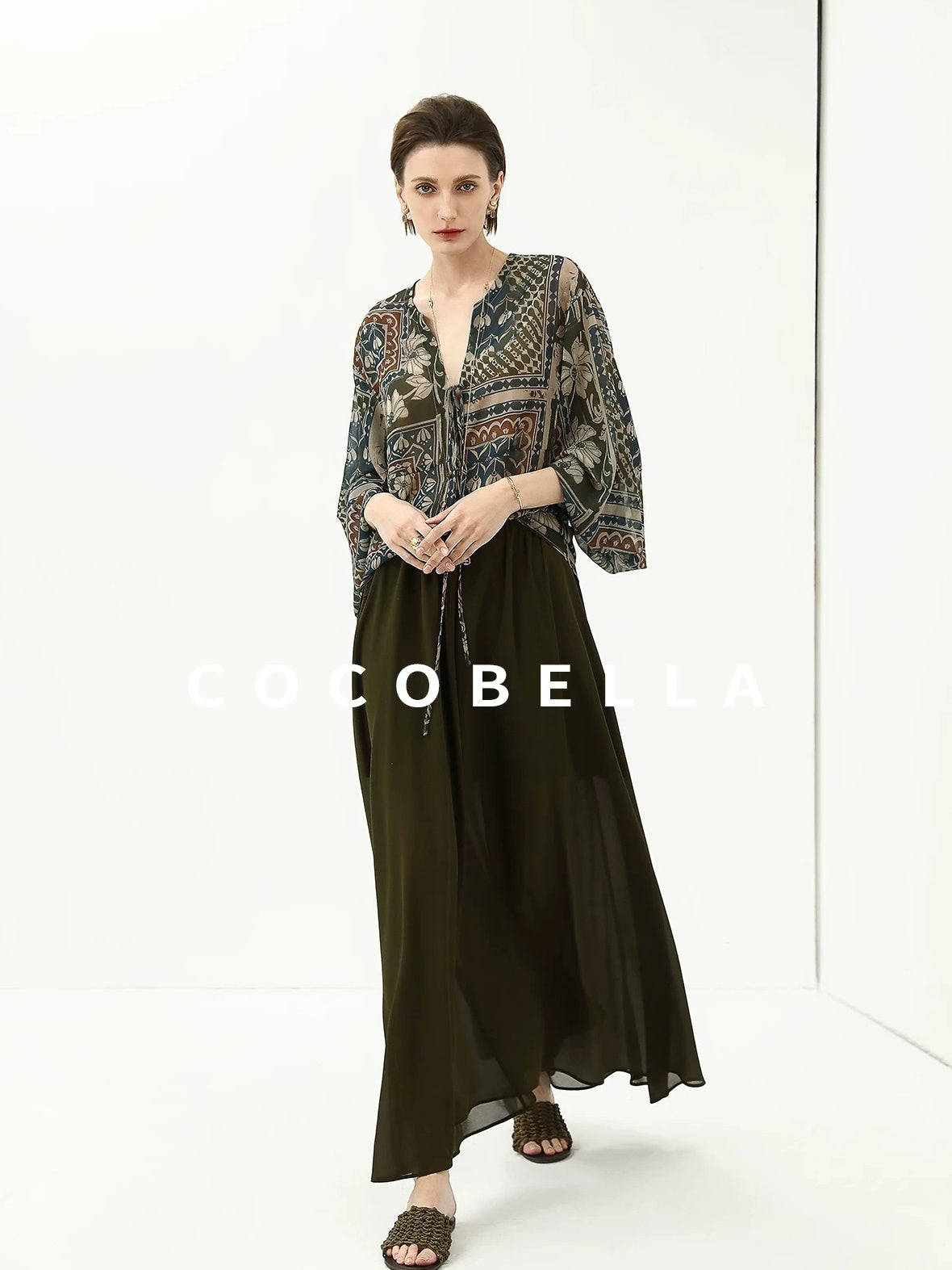 COCOBELLA Elegant French Print Straight Fit Long Puff Sleeve Round Neck Women Pop T-Shirts