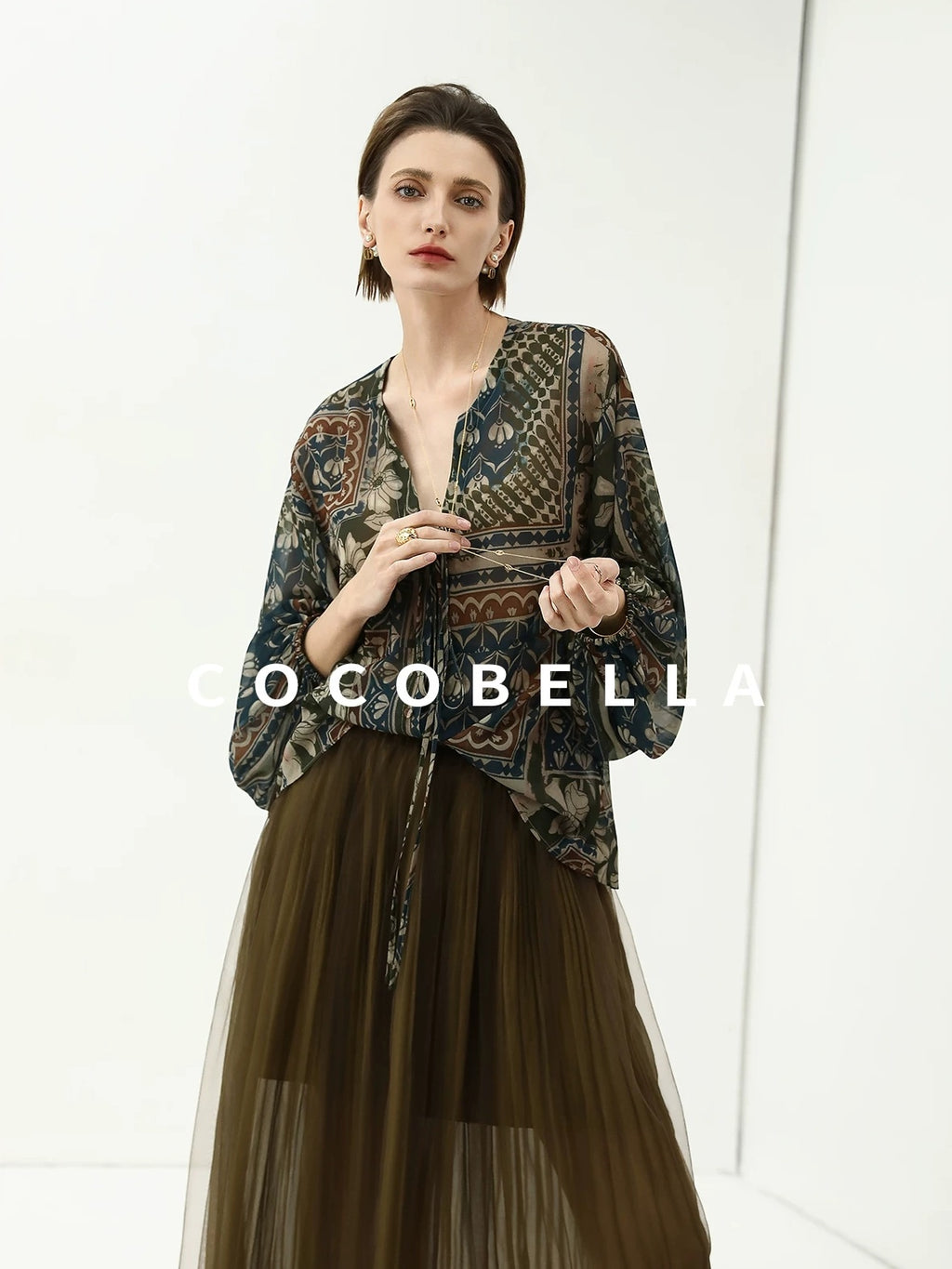 COCOBELLA Elegant French Print Straight Fit Long Puff Sleeve Round Neck Women Pop T-Shirts