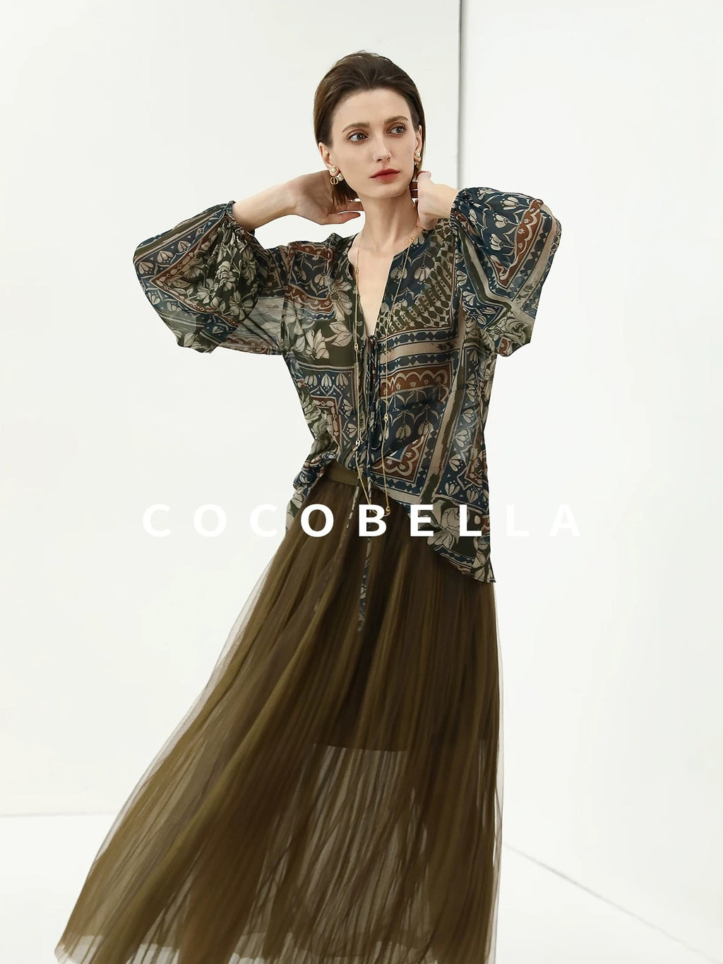 COCOBELLA Elegant French Print Straight Fit Long Puff Sleeve Round Neck Women Pop T-Shirts