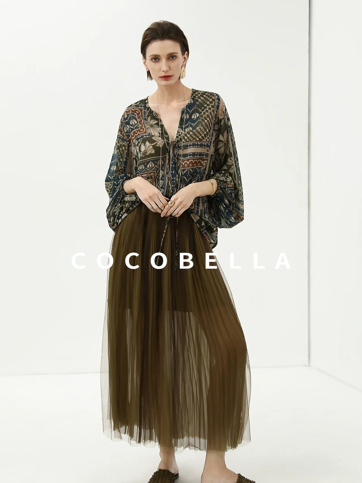 COCOBELLA Elegant French Print Straight Fit Long Puff Sleeve Round Neck Women Pop T-Shirts