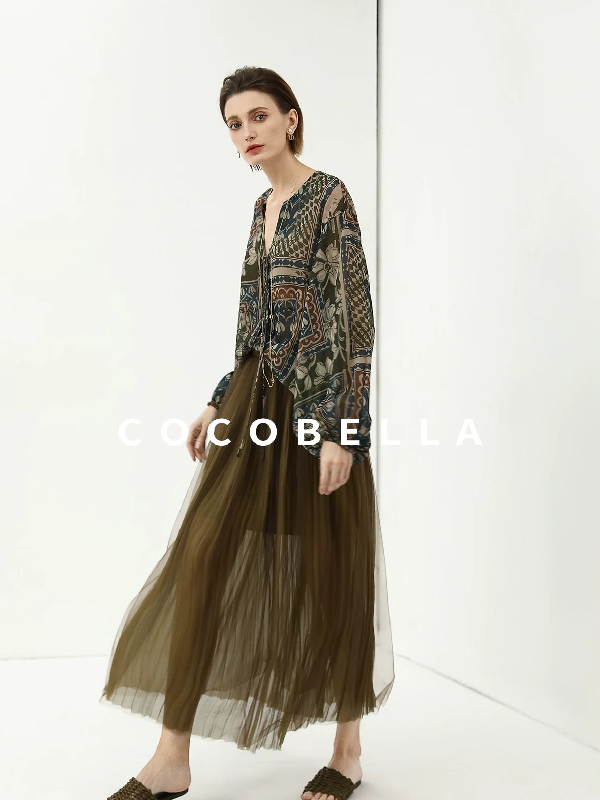 COCOBELLA Elegant French Print Straight Fit Long Puff Sleeve Round Neck Women Pop T-Shirts