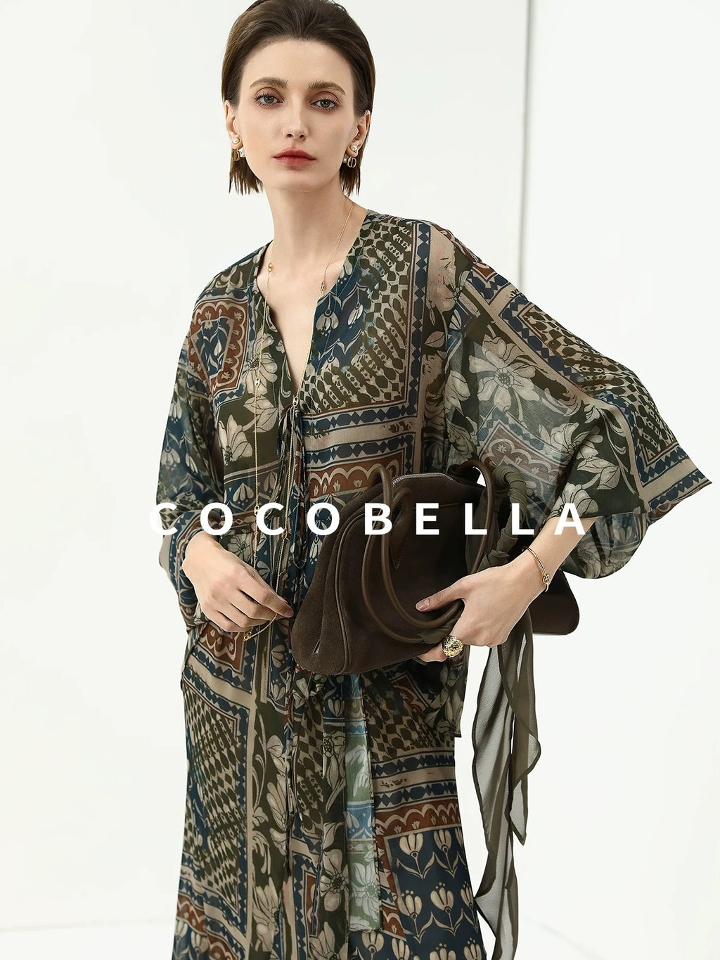 COCOBELLA Elegant French Print Straight Fit Long Puff Sleeve Round Neck Women Pop T-Shirts