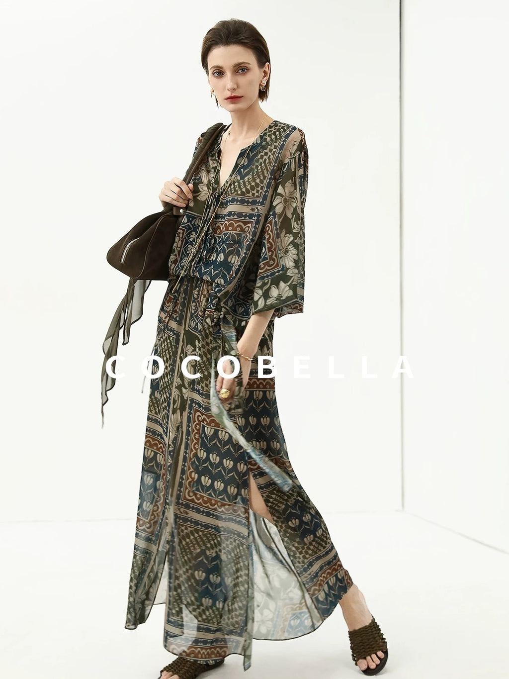 COCOBELLA Elegant French Print Straight Fit Long Puff Sleeve Round Neck Women Pop T-Shirts