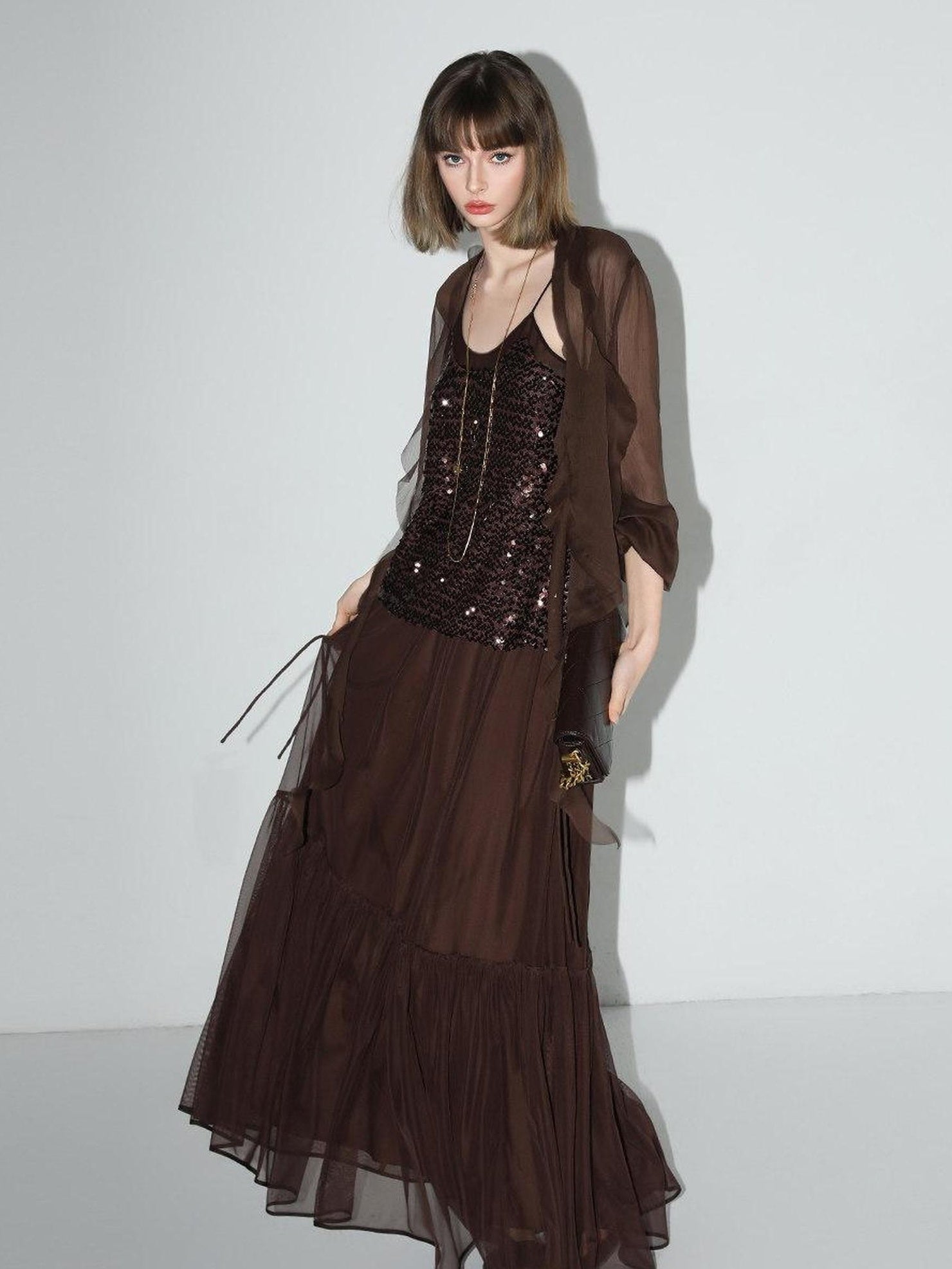 COCOBELLA Elegant French Ruffle Ribbon Cardigan Straight Fit Long Sleeve Polyester Shirts