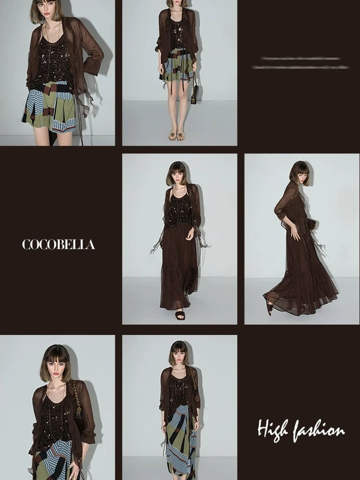 COCOBELLA Elegant French Ruffle Ribbon Cardigan Straight Fit Long Sleeve Polyester Shirts