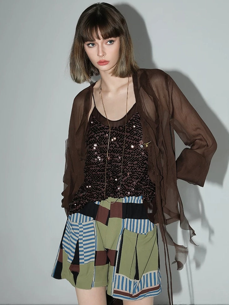 COCOBELLA Elegant French Ruffle Ribbon Cardigan Straight Fit Long Sleeve Polyester Shirts