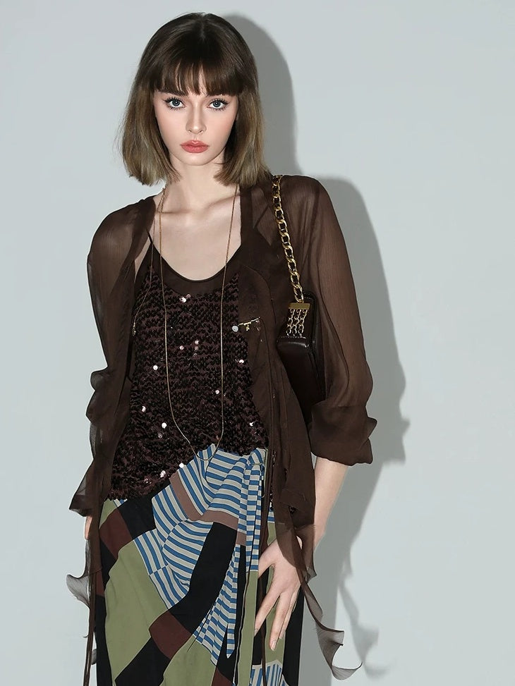 COCOBELLA Elegant French Ruffle Ribbon Cardigan Straight Fit Long Sleeve Polyester Shirts