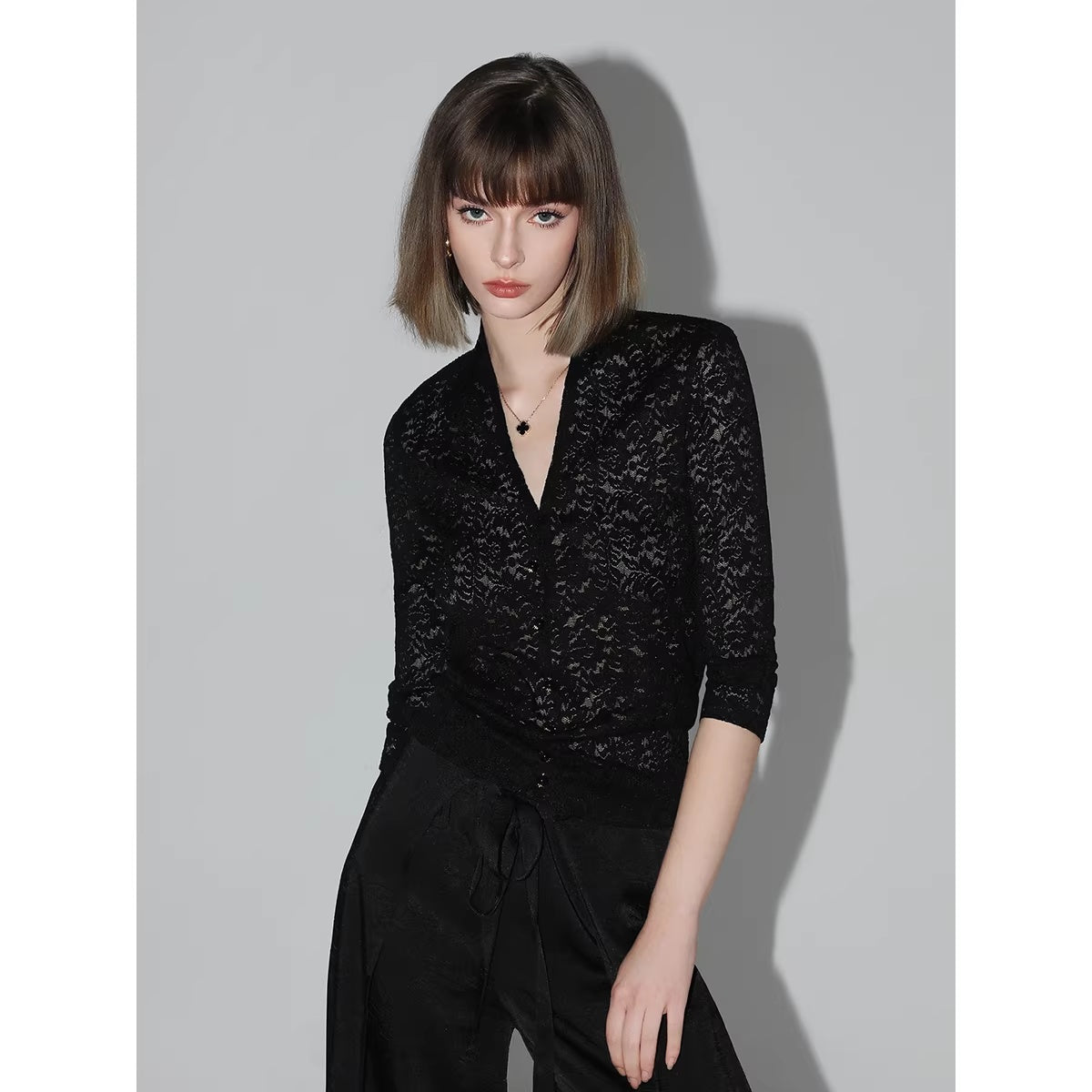 COCOBELLA_Elegant_French_Slim_V_Neck_Lace_Cutout_3D_Embellished_Long_Sleeve_Women_T-Shirts_MISSTT