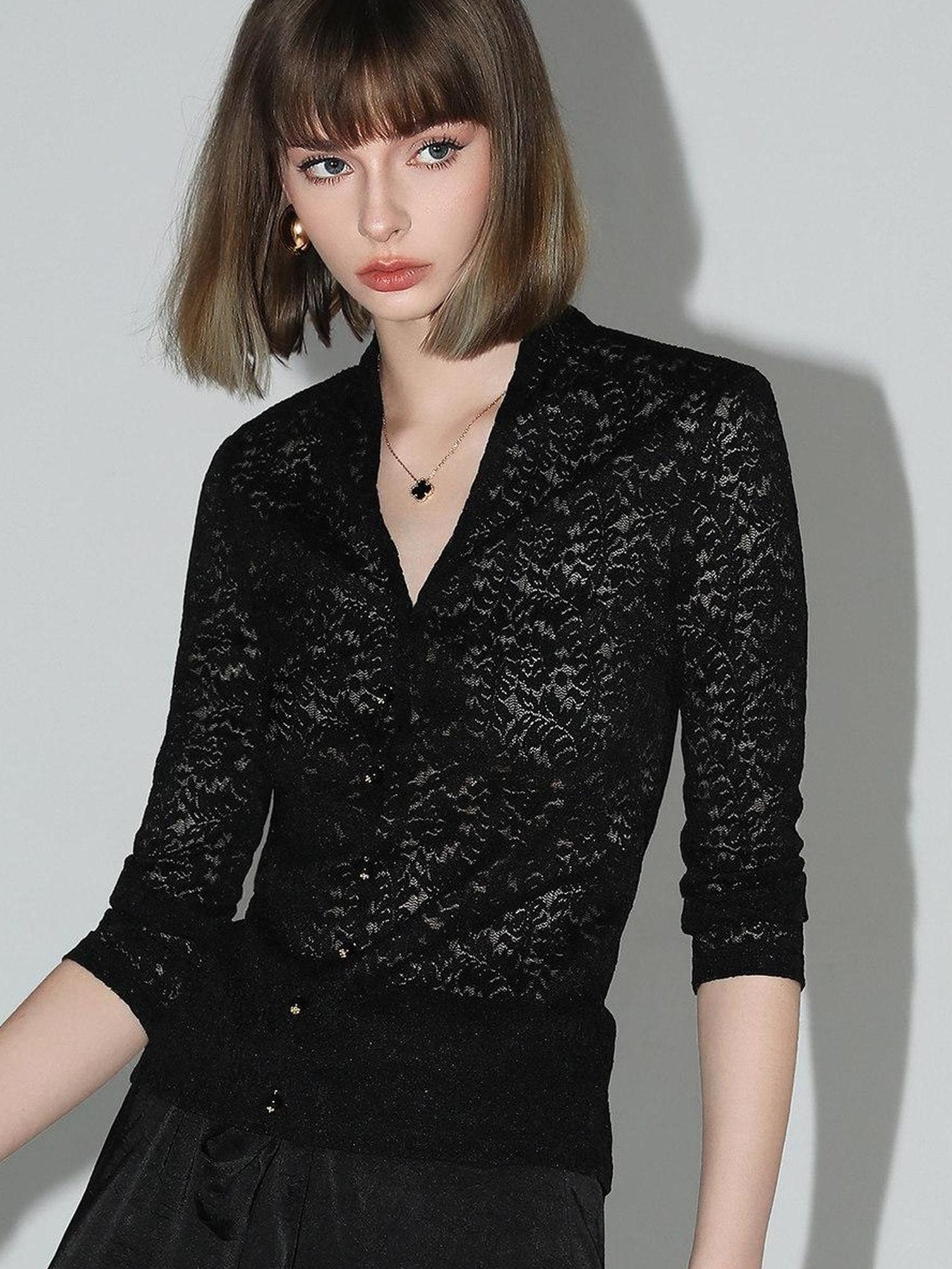 COCOBELLA Elegant French Slim V Neck Lace Cutout 3D Embellished Long Sleeve Women T-Shirts