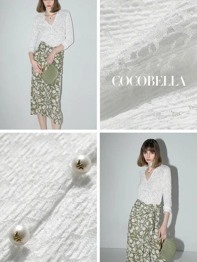 COCOBELLA Elegant French Slim V Neck Lace Cutout 3D Embellished Long Sleeve Women T-Shirts