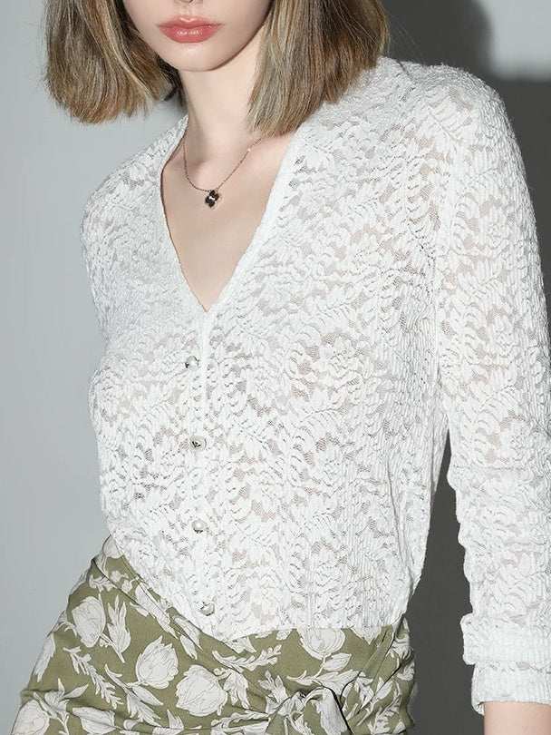 COCOBELLA Elegant French Slim V Neck Lace Cutout 3D Embellished Long Sleeve Women T-Shirts