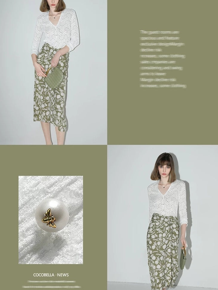 COCOBELLA Elegant French Slim V Neck Lace Cutout 3D Embellished Long Sleeve Women T-Shirts