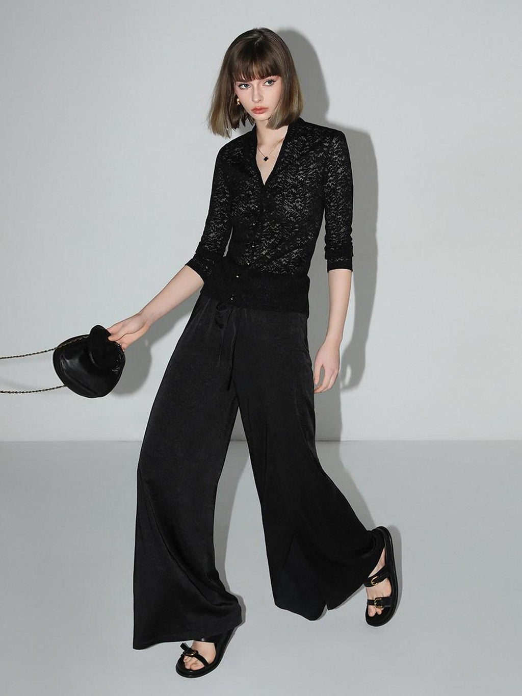 COCOBELLA Elegant French Slim V Neck Lace Cutout 3D Embellished Long Sleeve Women T-Shirts