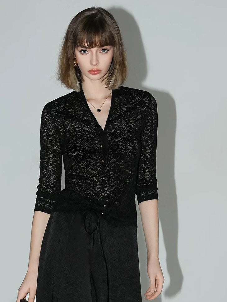 COCOBELLA Elegant French Slim V Neck Lace Cutout 3D Embellished Long Sleeve Women T-Shirts