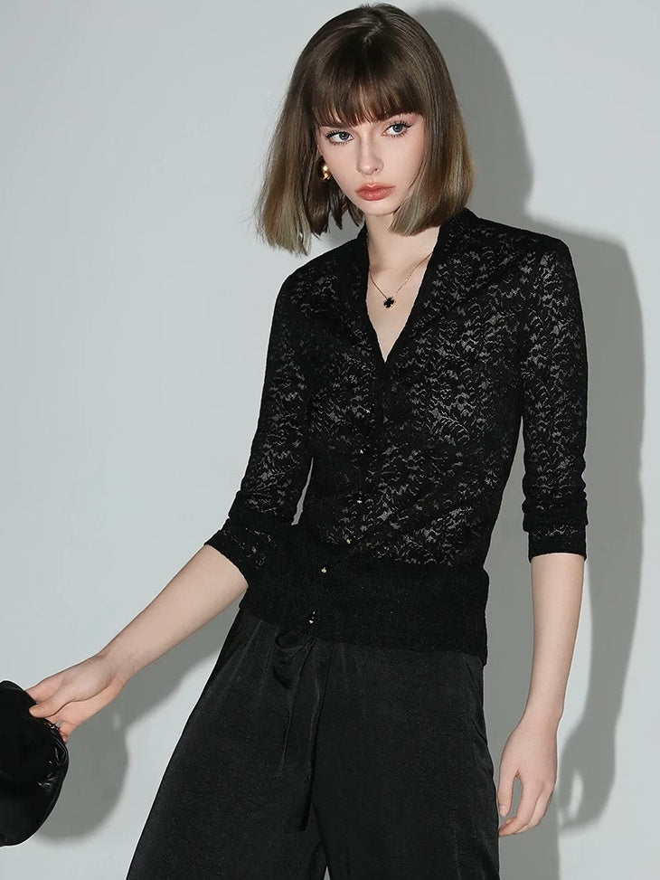 COCOBELLA Elegant French Slim V Neck Lace Cutout 3D Embellished Long Sleeve Women T-Shirts