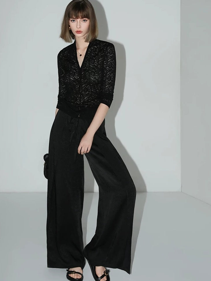 COCOBELLA Elegant French Slim V Neck Lace Cutout 3D Embellished Long Sleeve Women T-Shirts