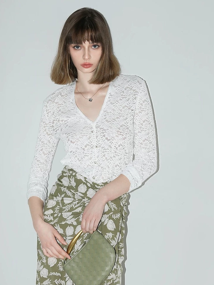 COCOBELLA Elegant French Slim V Neck Lace Cutout 3D Embellished Long Sleeve Women T-Shirts