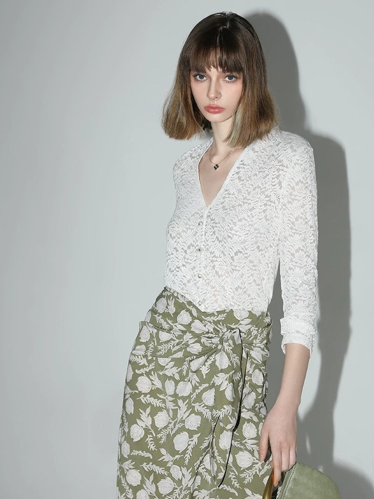 COCOBELLA Elegant French Slim V Neck Lace Cutout 3D Embellished Long Sleeve Women T-Shirts