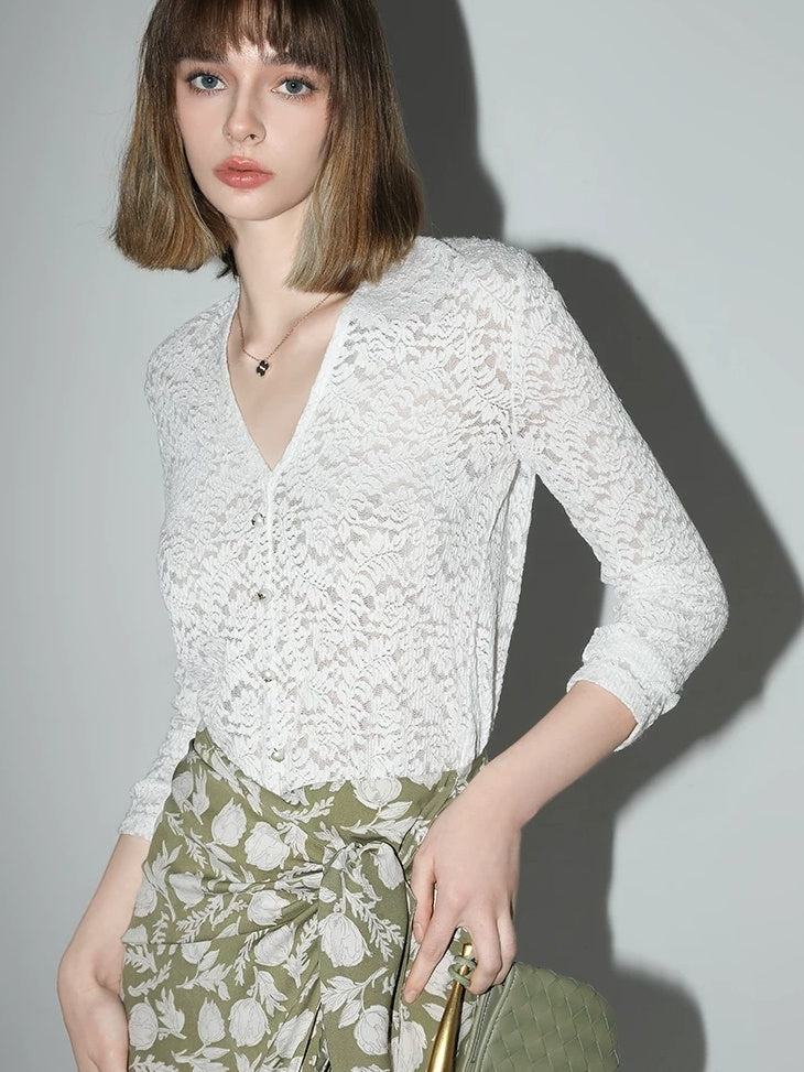 COCOBELLA Elegant French Slim V Neck Lace Cutout 3D Embellished Long Sleeve Women T-Shirts