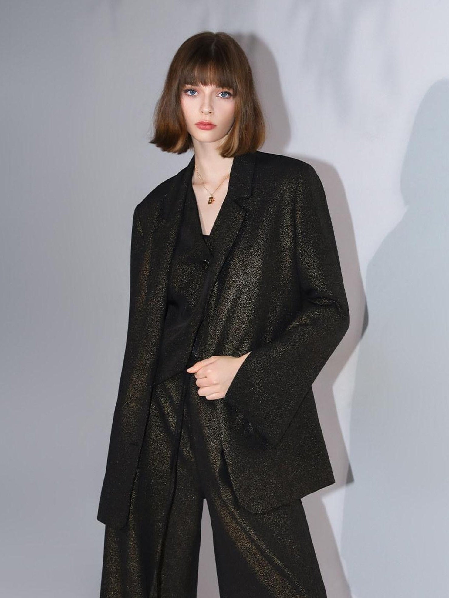 COCOBELLA Elegant Gold Trim Straight Fit Single Button Office Black Gold Blazers