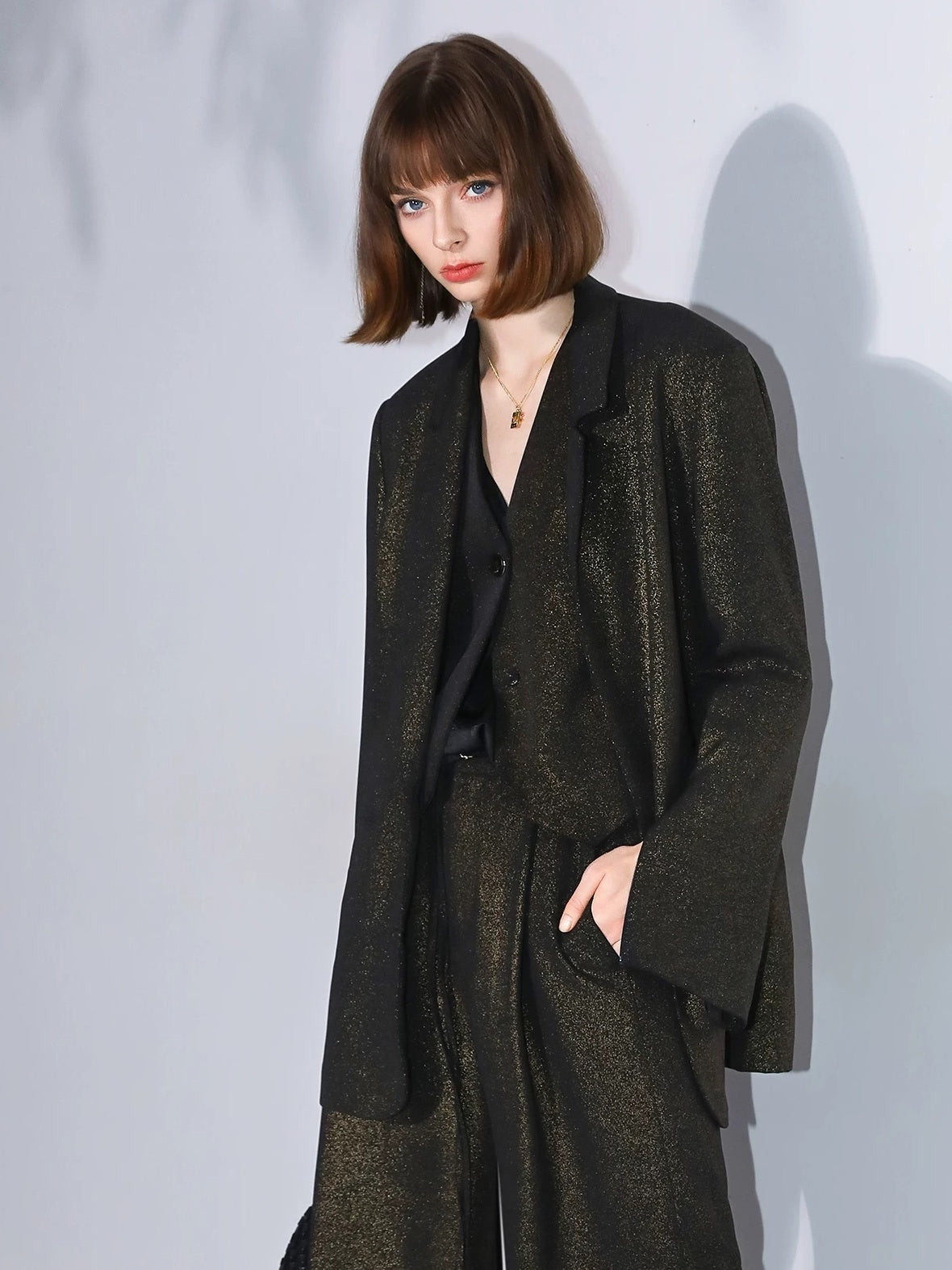 COCOBELLA Elegant Gold Trim Straight Fit Single Button Office Black Gold Blazers