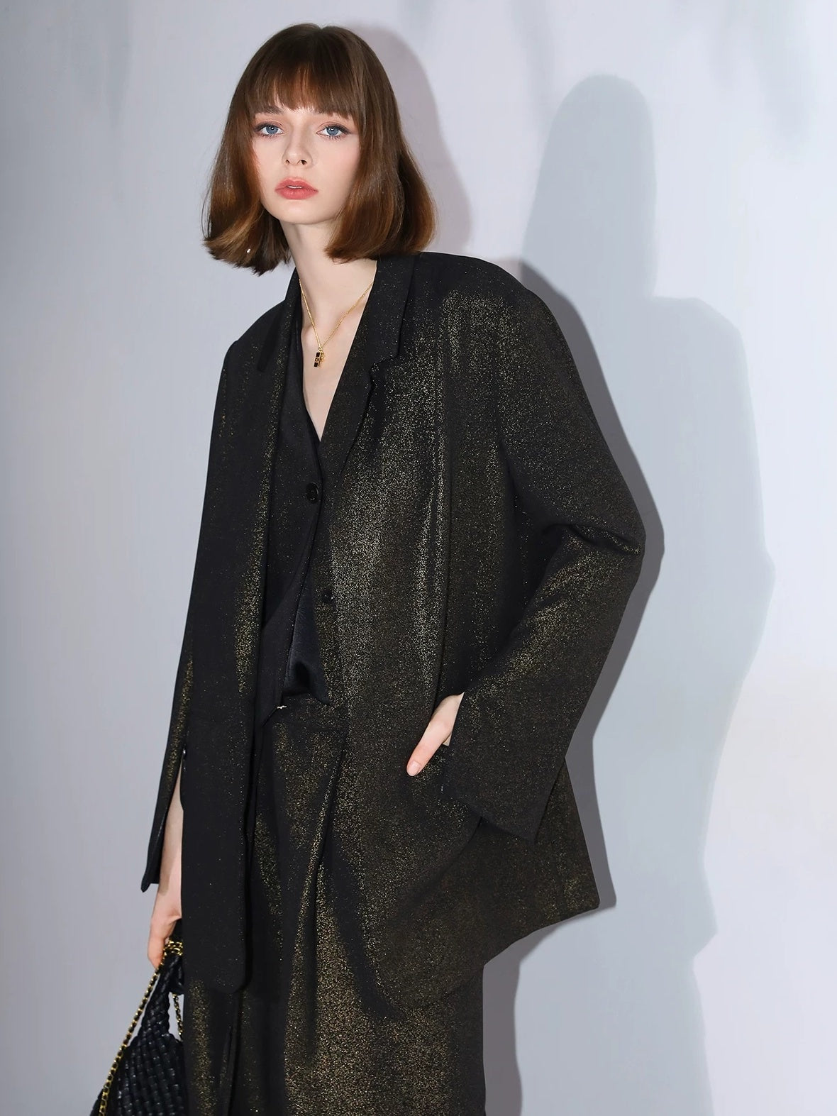 COCOBELLA Elegant Gold Trim Straight Fit Single Button Office Black Gold Blazers