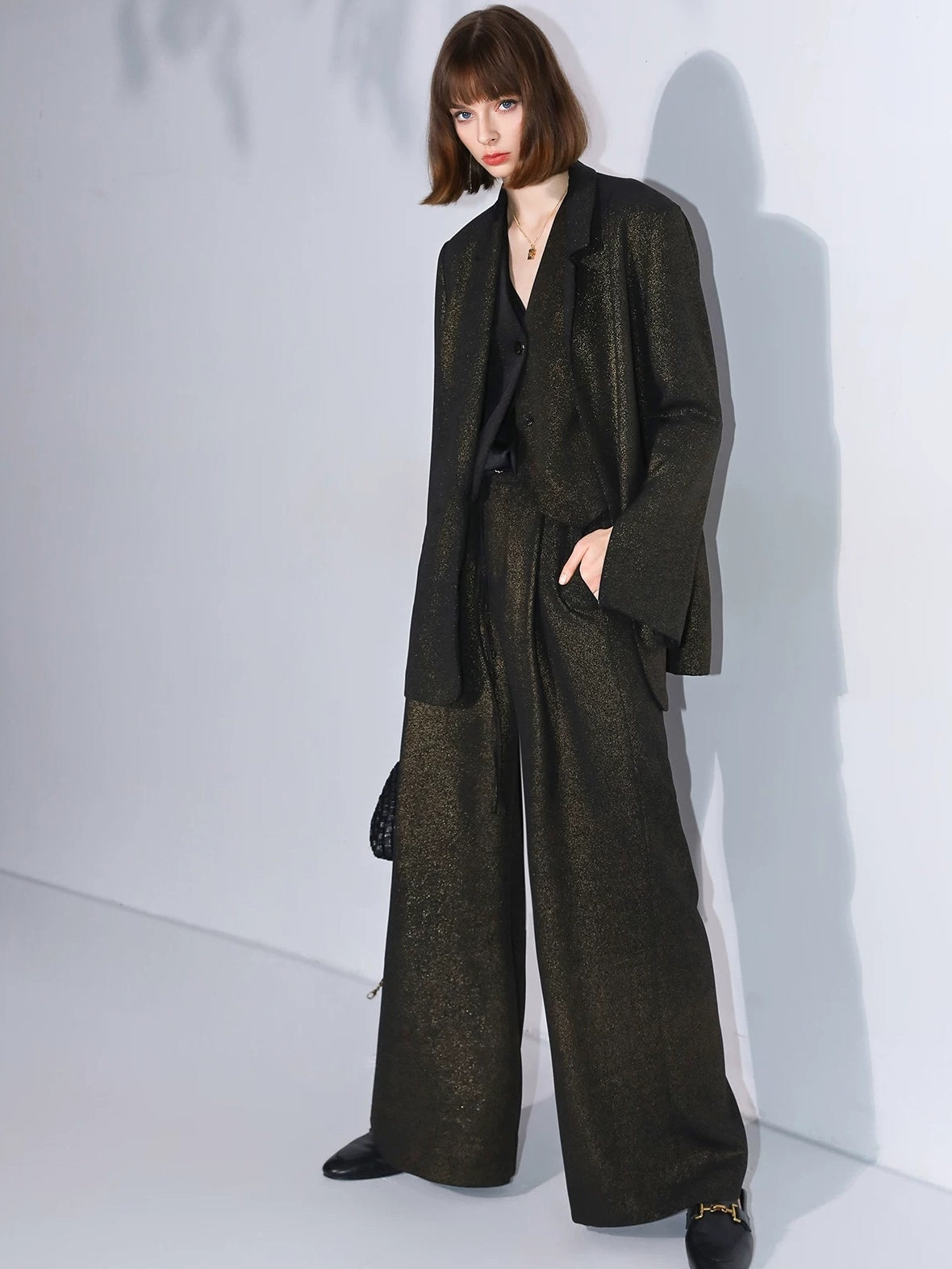 COCOBELLA Elegant Gold Trim Straight Fit Single Button Office Black Gold Blazers