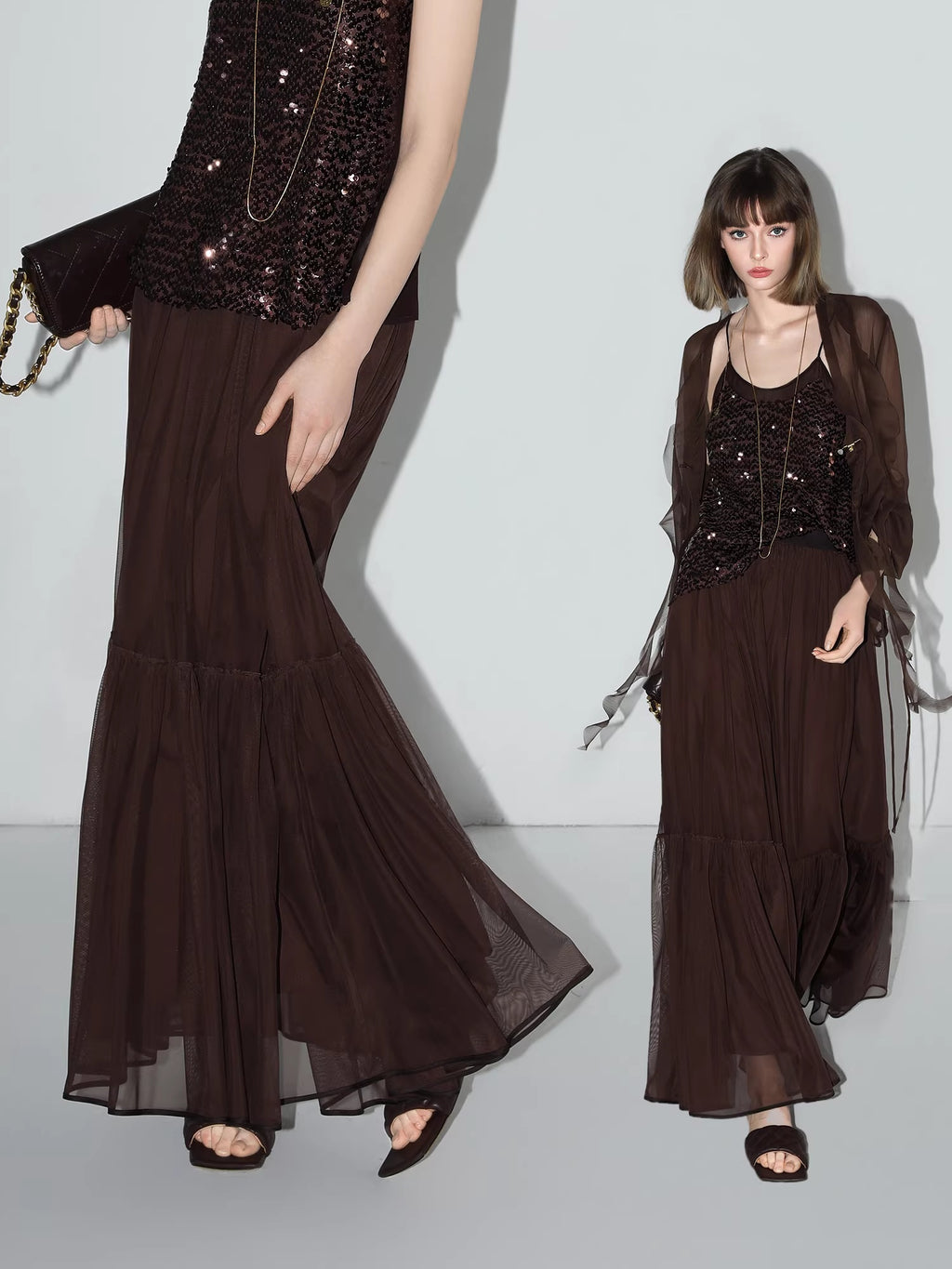 COCOBELLA_Elegant_High_Waist_A_Line_Mesh_Ruched_Chocolate_Brown_Office_Skirts_MISSTT