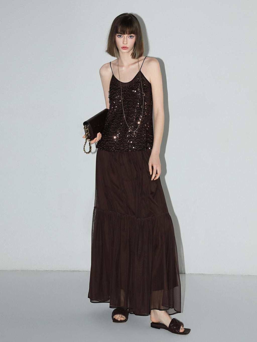 COCOBELLA Elegant High Waist A Line Mesh Ruched Chocolate Brown Office Skirts