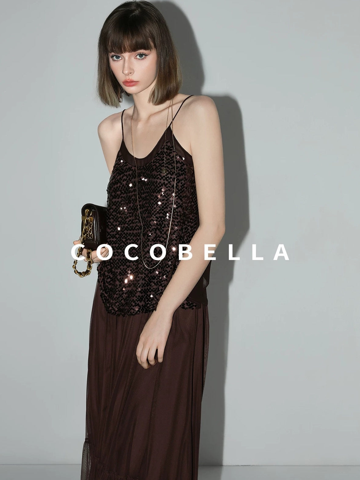 COCOBELLA Elegant High Waist A Line Mesh Ruched Chocolate Brown Office Skirts