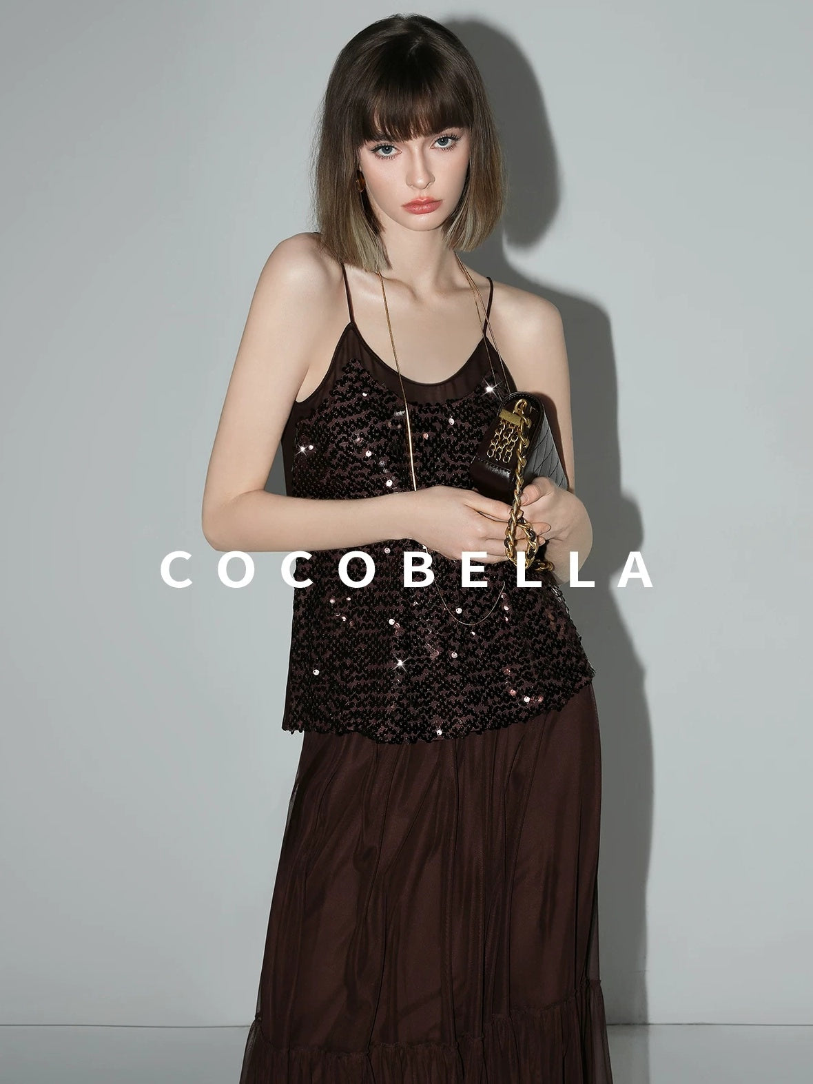 COCOBELLA Elegant High Waist A Line Mesh Ruched Chocolate Brown Office Skirts