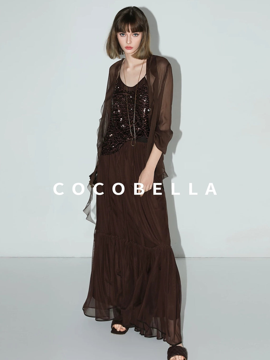 COCOBELLA Elegant High Waist A Line Mesh Ruched Chocolate Brown Office Skirts