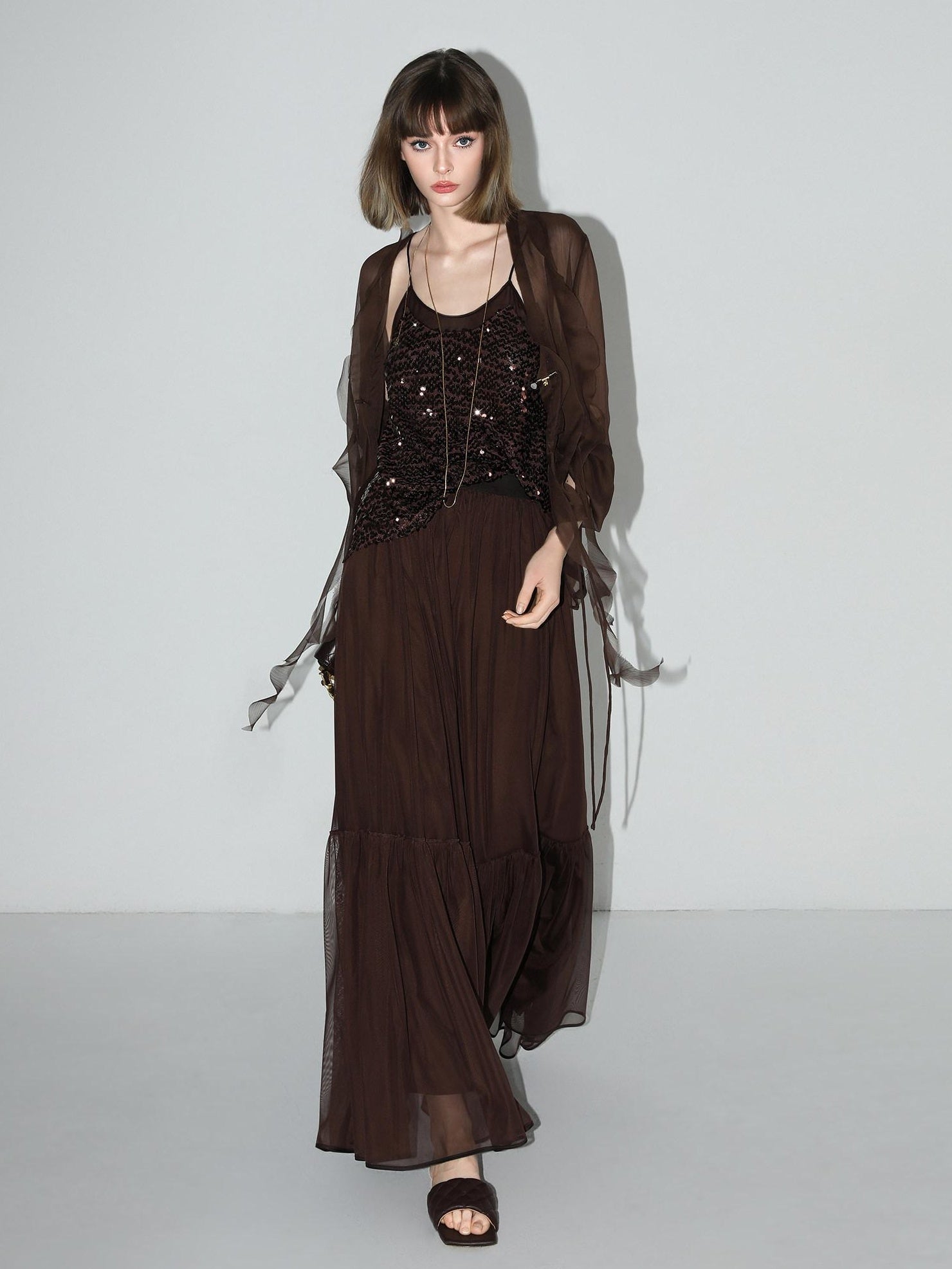 COCOBELLA Elegant High Waist A Line Mesh Ruched Chocolate Brown Office Skirts