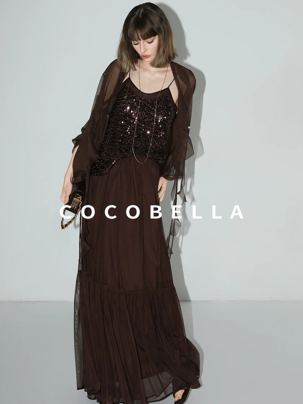 COCOBELLA Elegant High Waist A Line Mesh Ruched Chocolate Brown Office Skirts