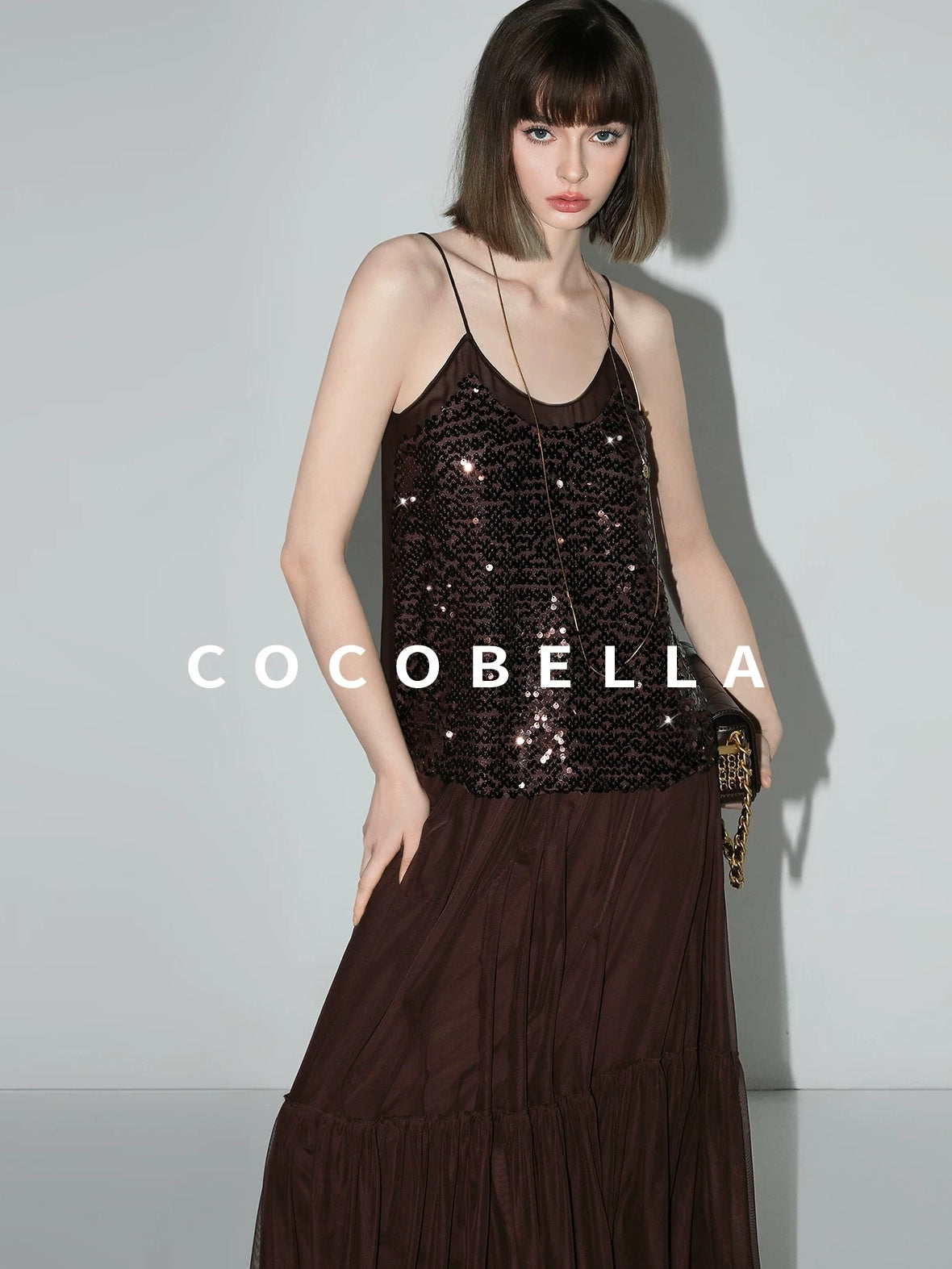 COCOBELLA Elegant High Waist A Line Mesh Ruched Chocolate Brown Office Skirts