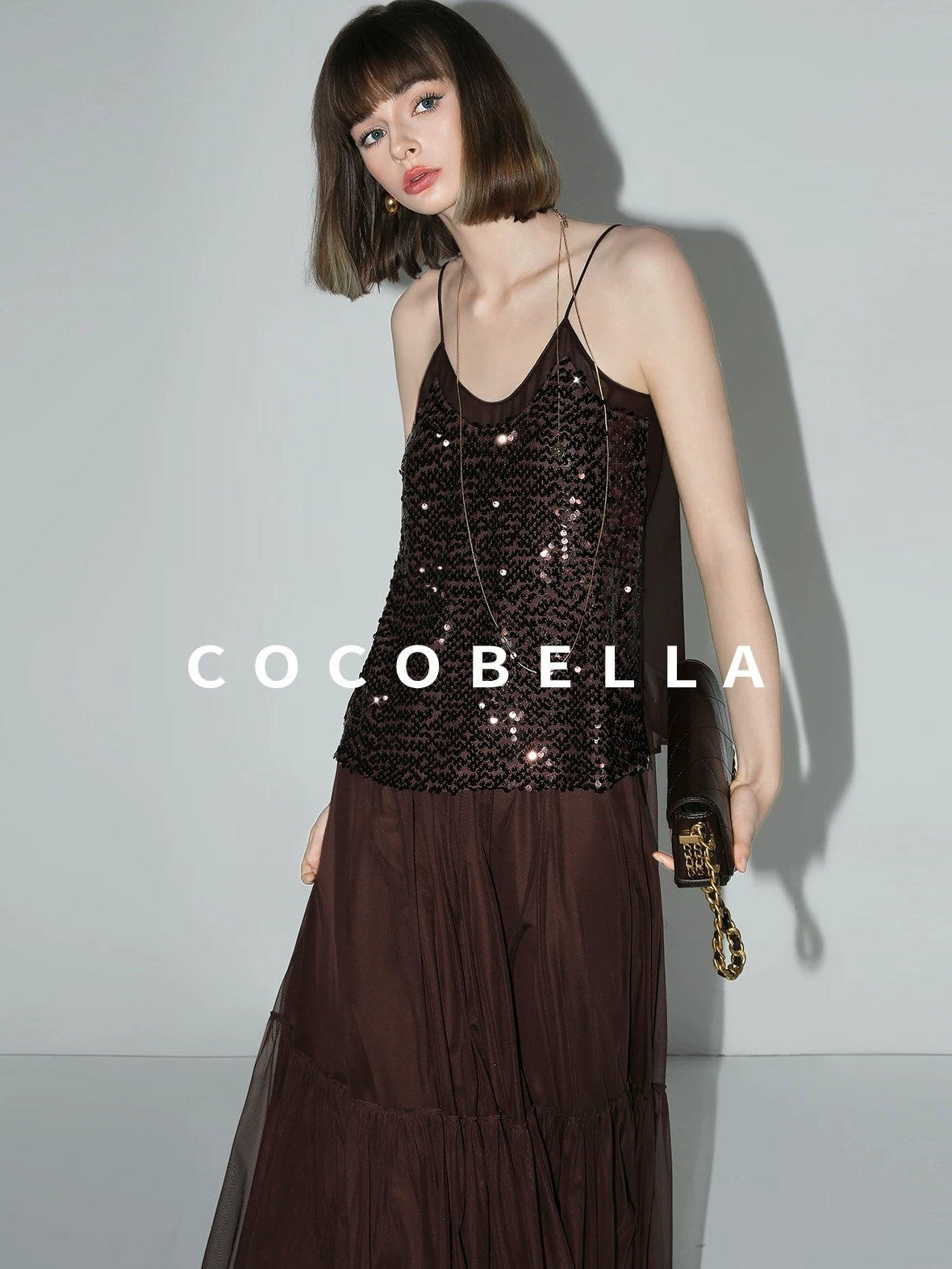 COCOBELLA Elegant High Waist A Line Mesh Ruched Chocolate Brown Office Skirts