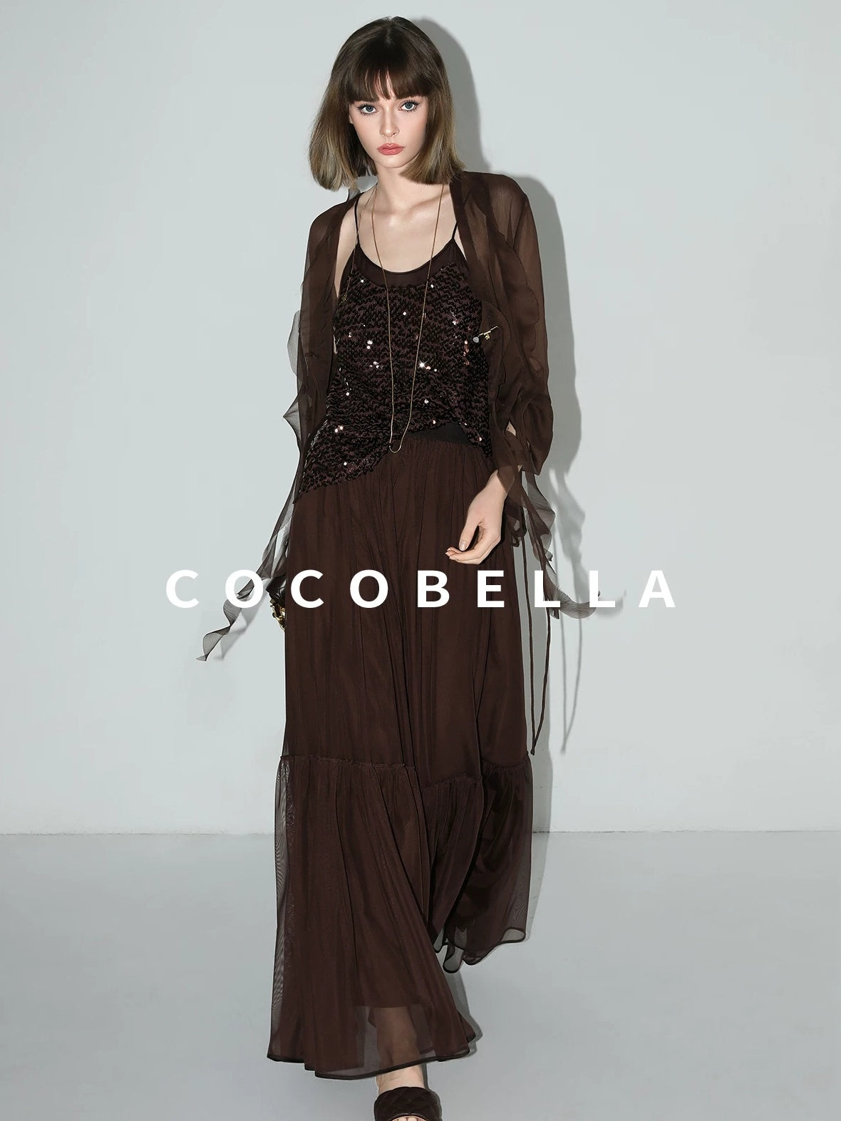 COCOBELLA Elegant High Waist A Line Mesh Ruched Chocolate Brown Office Skirts