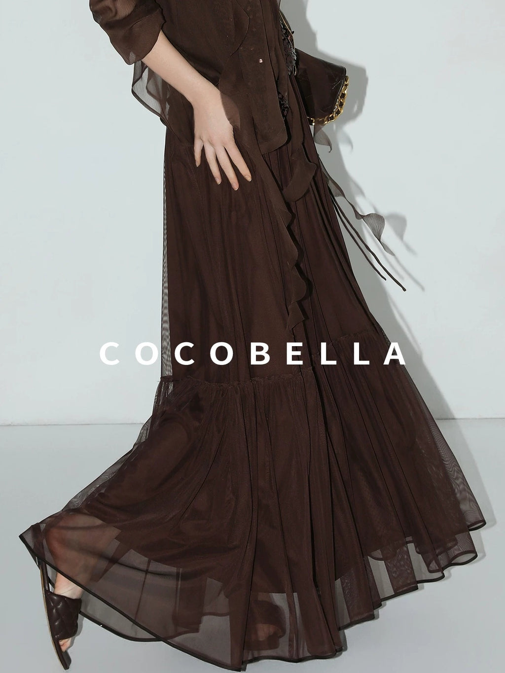 COCOBELLA Elegant High Waist A Line Mesh Ruched Chocolate Brown Office Skirts