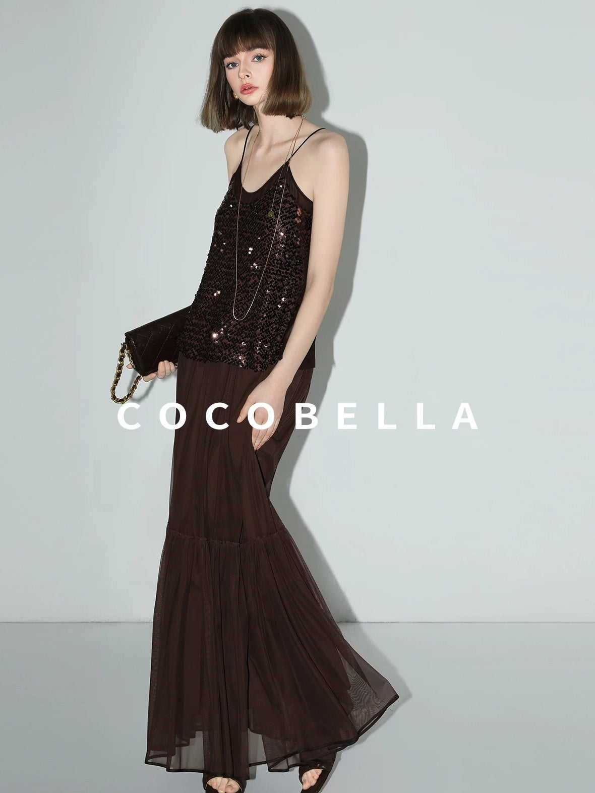 COCOBELLA Elegant High Waist A Line Mesh Ruched Chocolate Brown Office Skirts