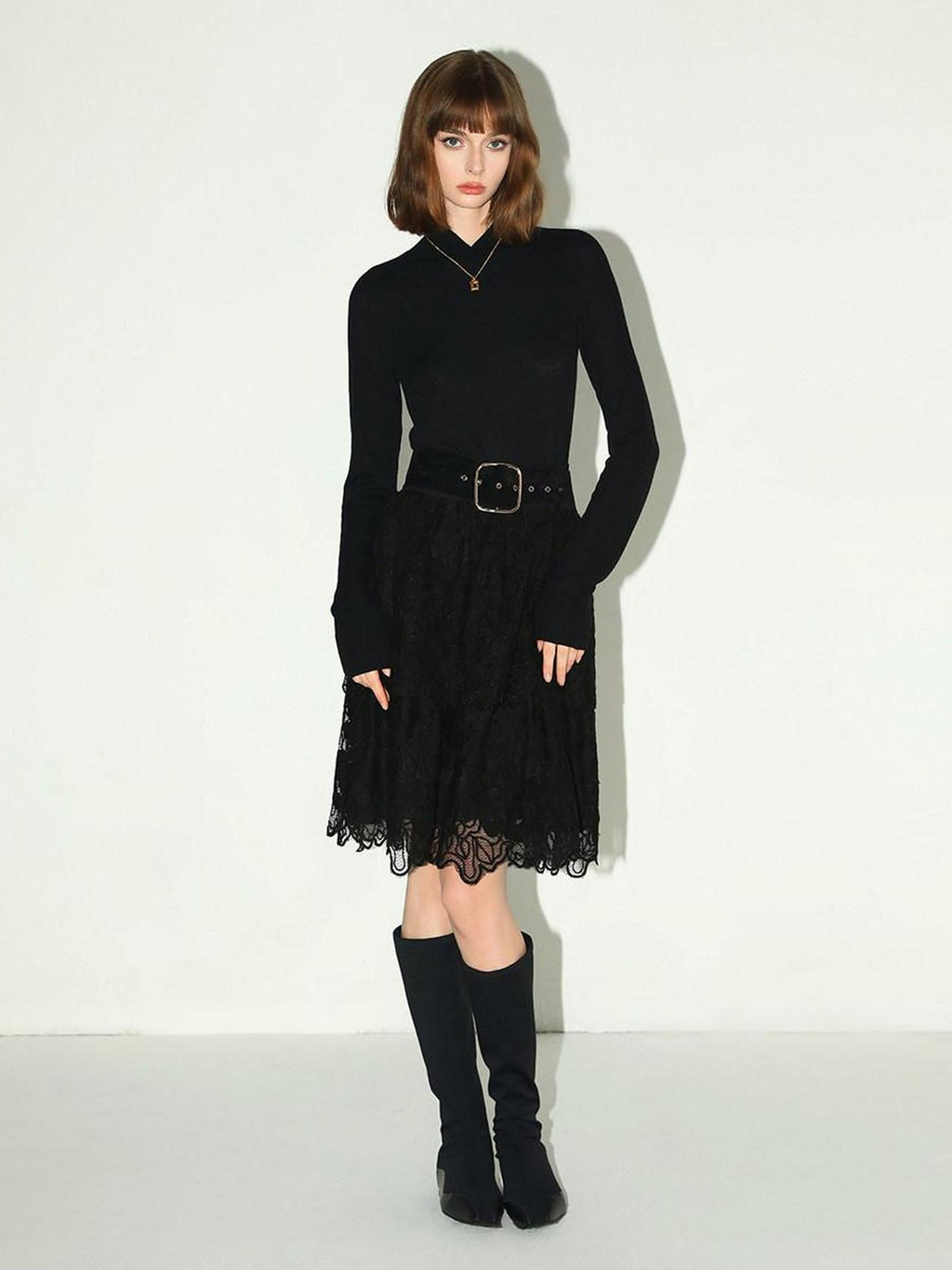 COCOBELLA Elegant High Waist Lace Mesh A Line Straight Office Commuter Black Nylon Skirts