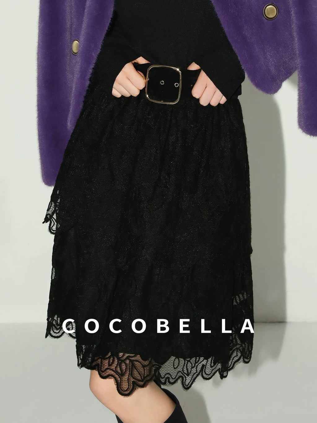 COCOBELLA Elegant High Waist Lace Mesh A Line Straight Office Commuter Black Nylon Skirts