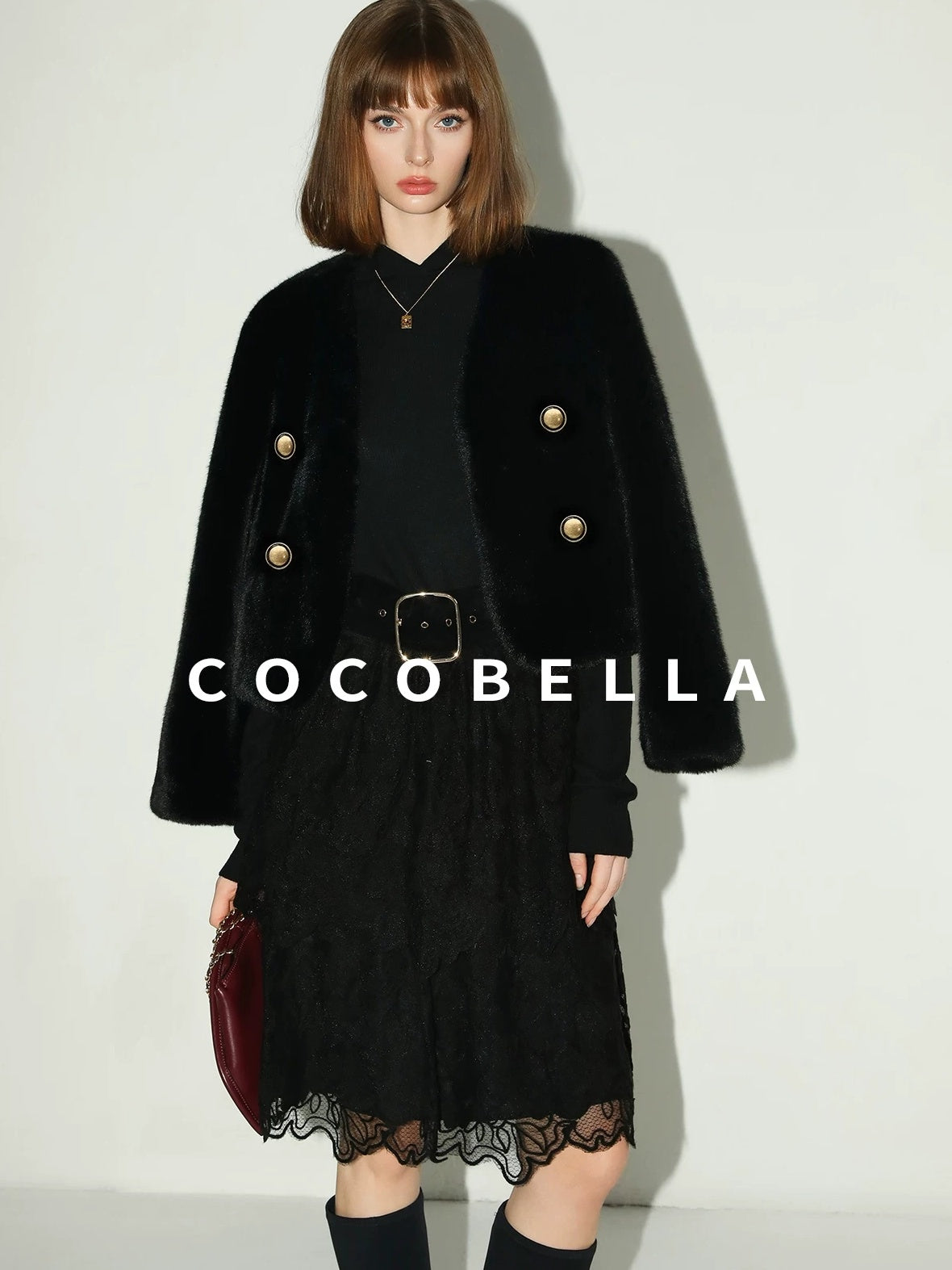 COCOBELLA Elegant High Waist Lace Mesh A Line Straight Office Commuter Black Nylon Skirts