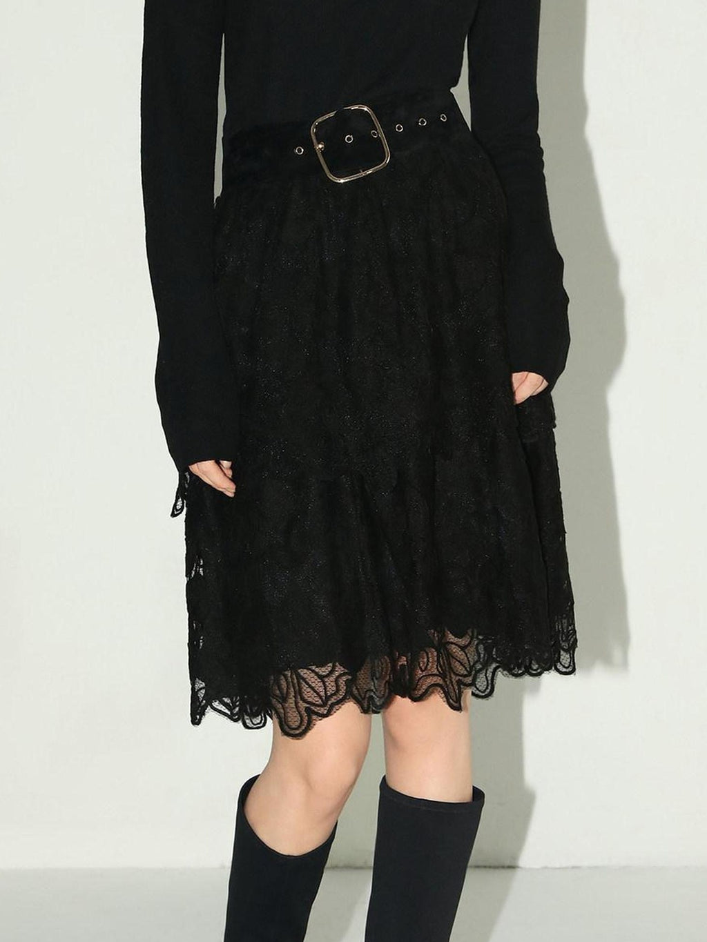 COCOBELLA Elegant High Waist Lace Mesh A Line Straight Office Commuter Black Nylon Skirts