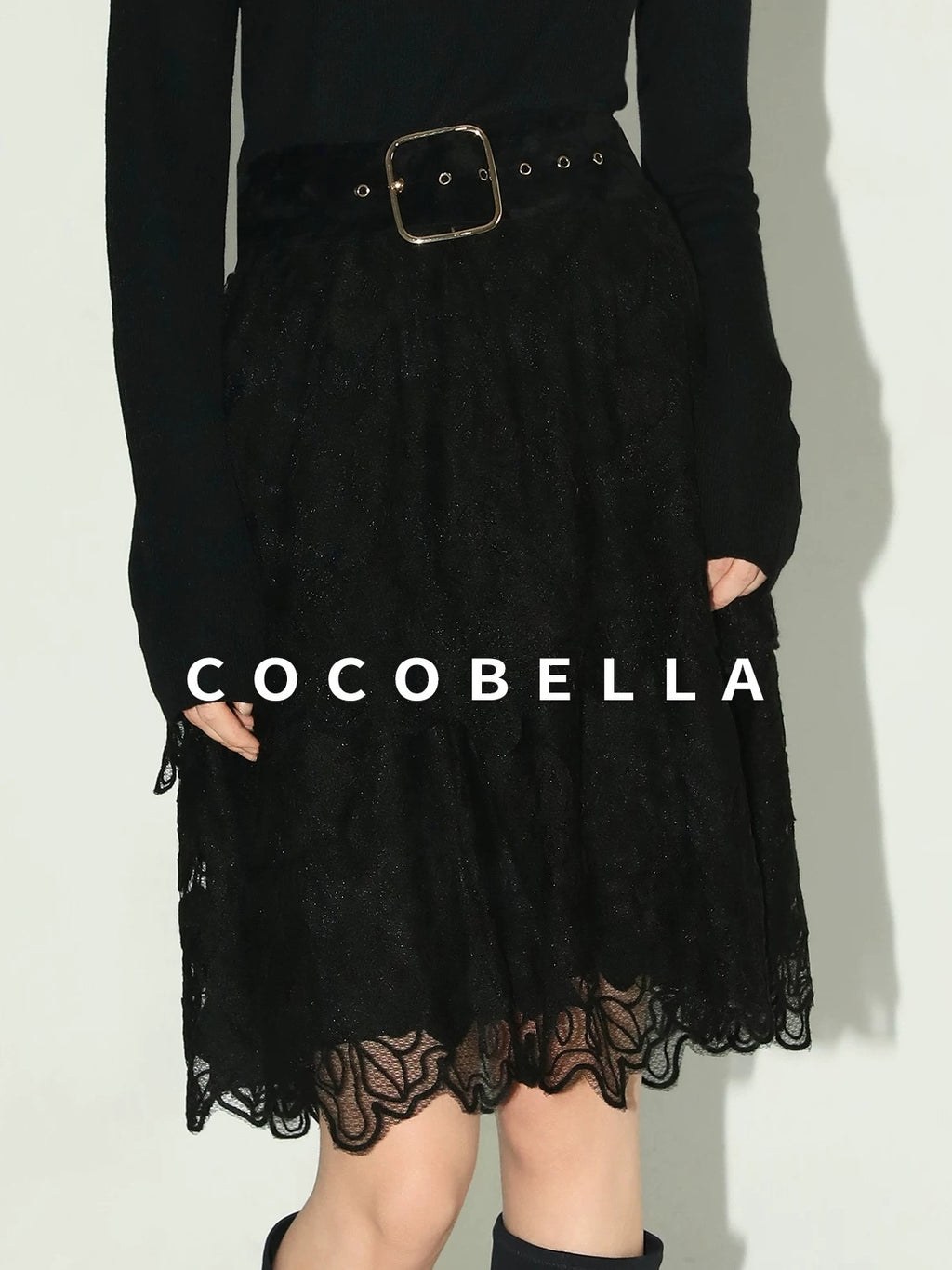 COCOBELLA Elegant High Waist Lace Mesh A Line Straight Office Commuter Black Nylon Skirts