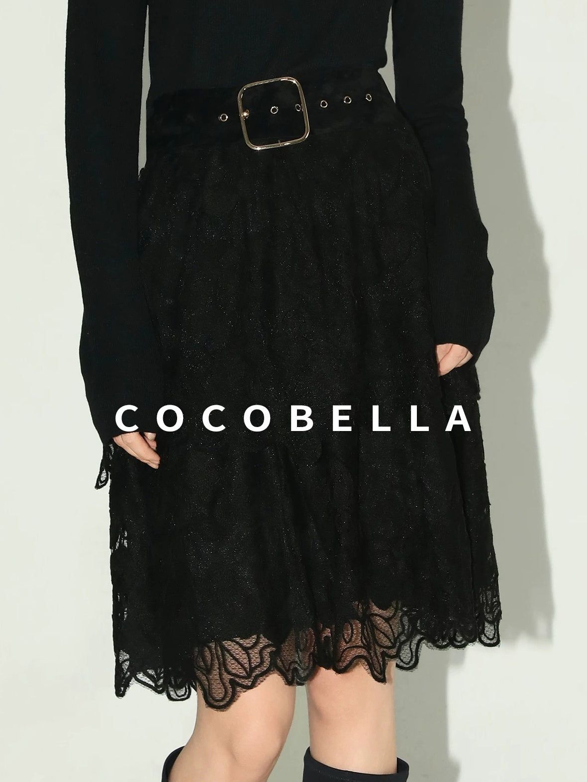 COCOBELLA Elegant High Waist Lace Mesh A Line Straight Office Commuter Black Nylon Skirts