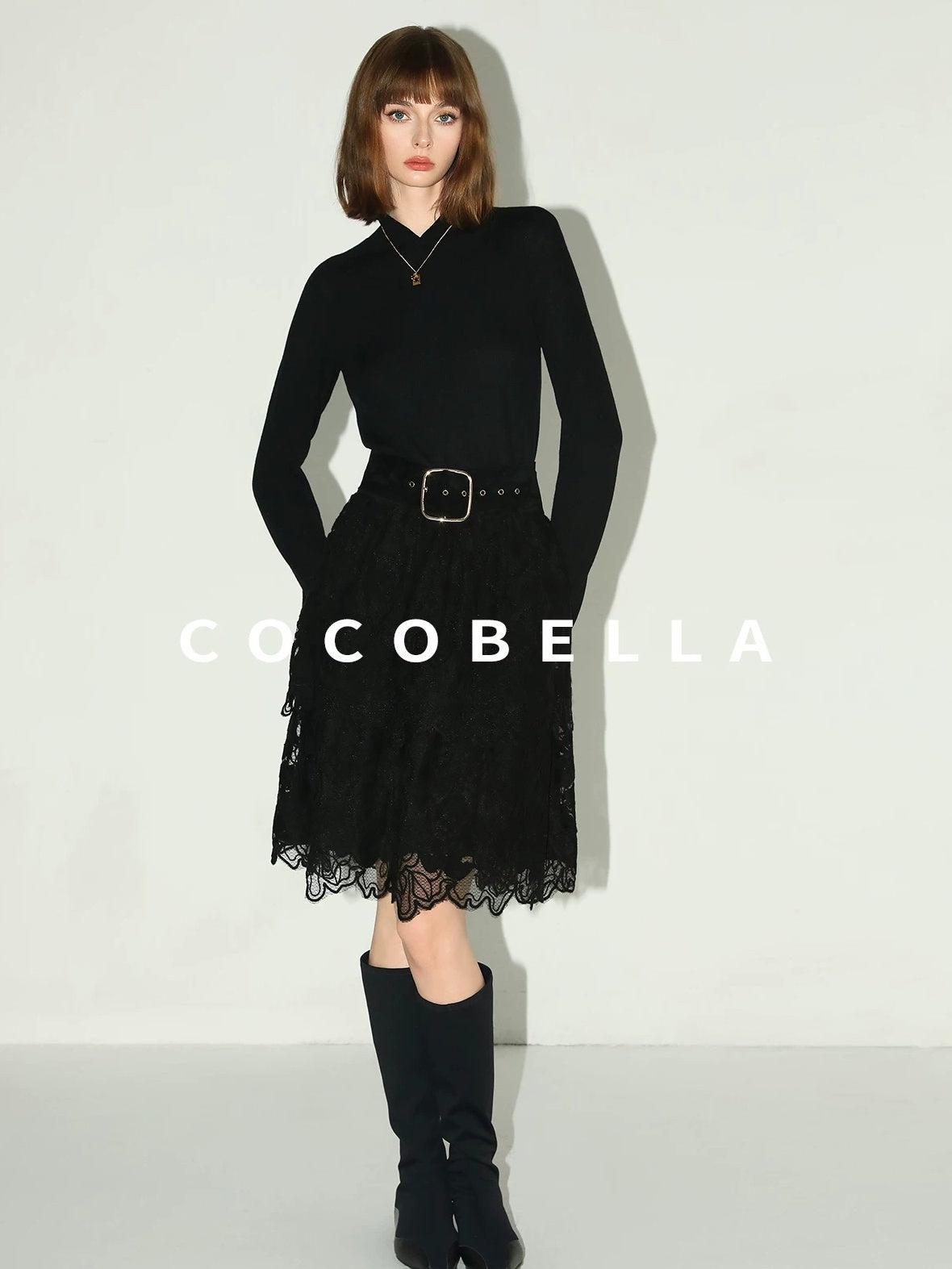 COCOBELLA Elegant High Waist Lace Mesh A Line Straight Office Commuter Black Nylon Skirts