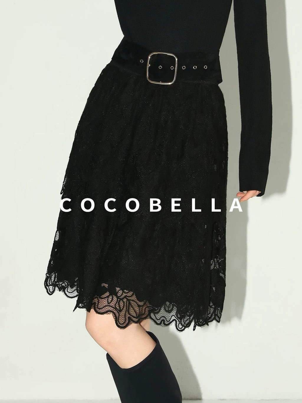 COCOBELLA Elegant High Waist Lace Mesh A Line Straight Office Commuter Black Nylon Skirts