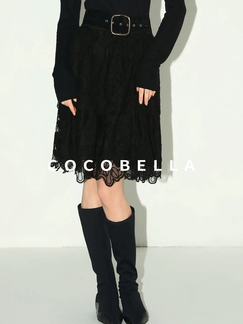 COCOBELLA Elegant High Waist Lace Mesh A Line Straight Office Commuter Black Nylon Skirts